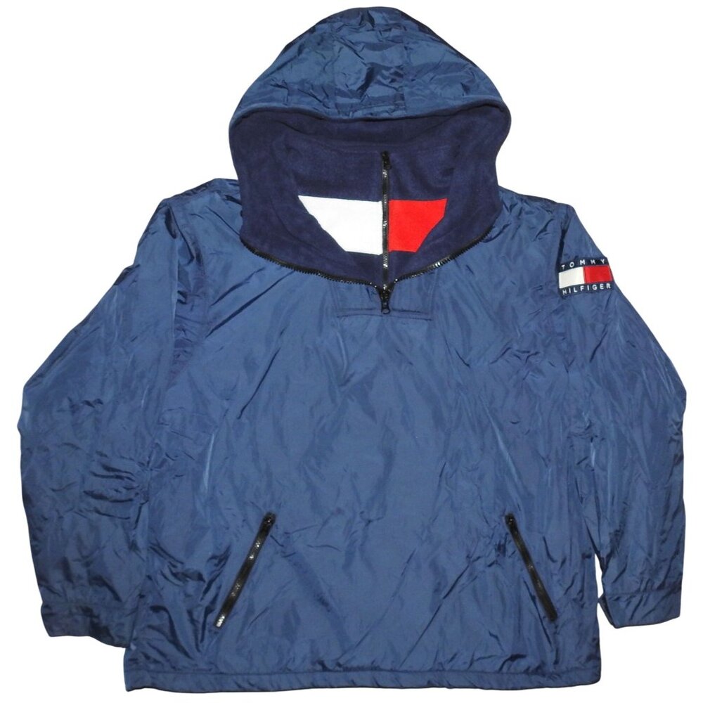Vintage Tommy Hilfiger Jeans Big Flag Fleece Lined Pullover Windbreaker Jacket L